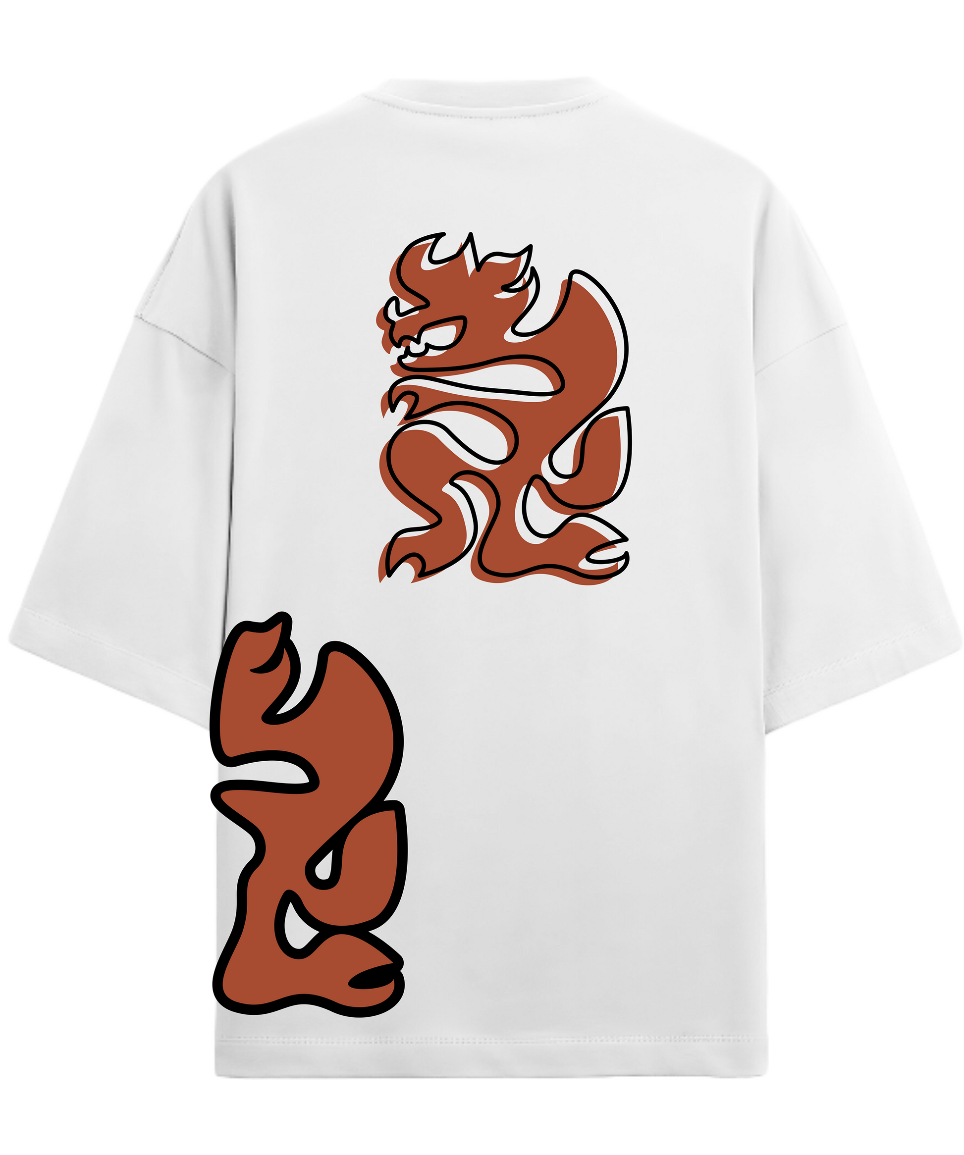 White t-shirt with brown graphic design on a white background